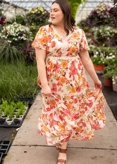 Plus size red multi floral tiered dress