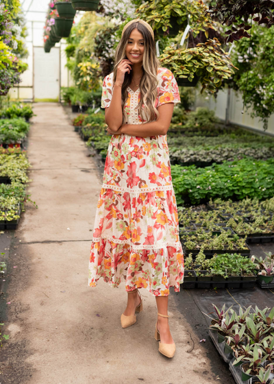 Red multi floral tiered dress with ivory lace trim