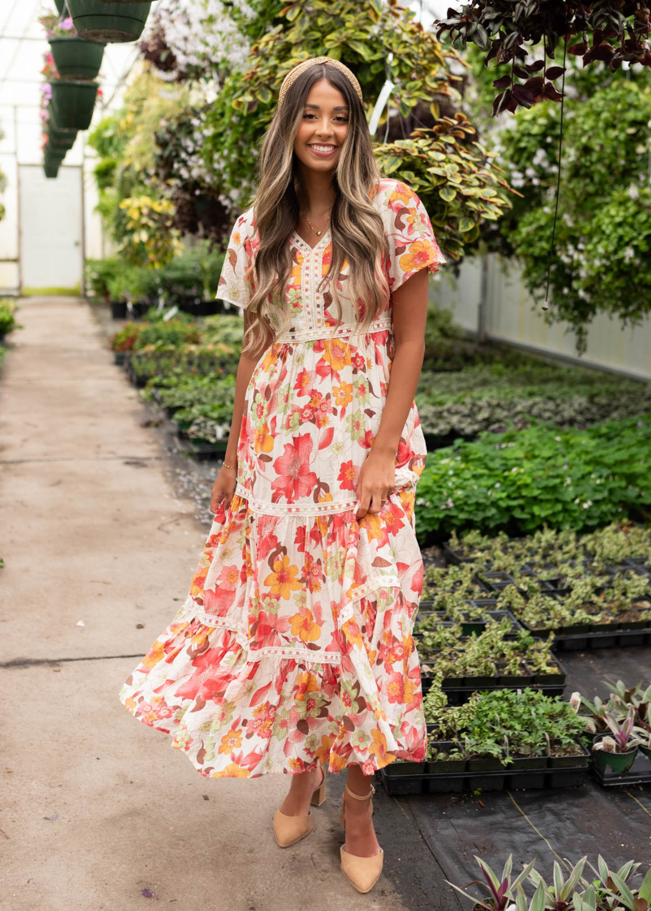 Red multi floral tiered dress