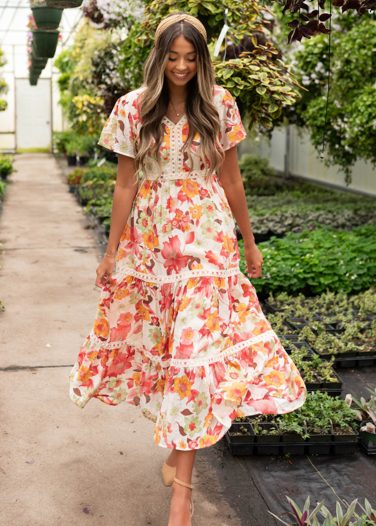 Short sleeve red multi floral tiered dress