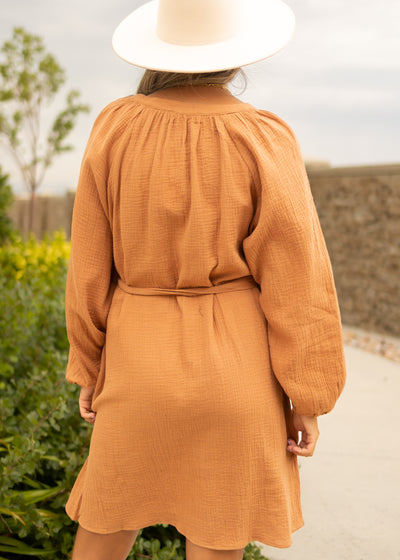 Back view of a long sleeve caramel dress