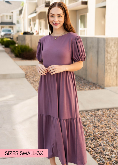 Lavender tiered dress with short sleeves and high waist