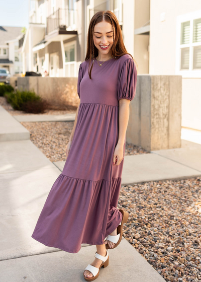 Lavender tiered dress with short sleeves
