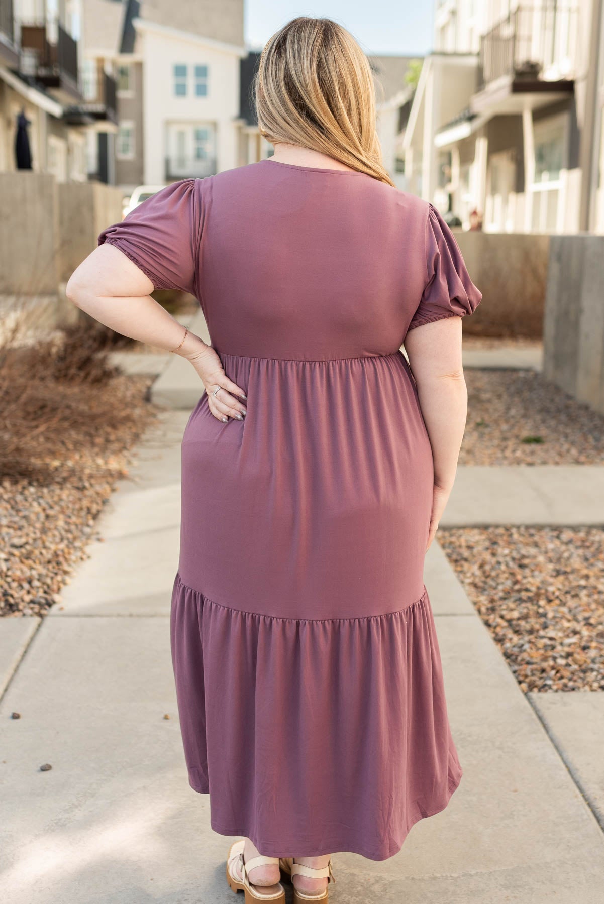 Back view of the plus size lavender tiered dress
