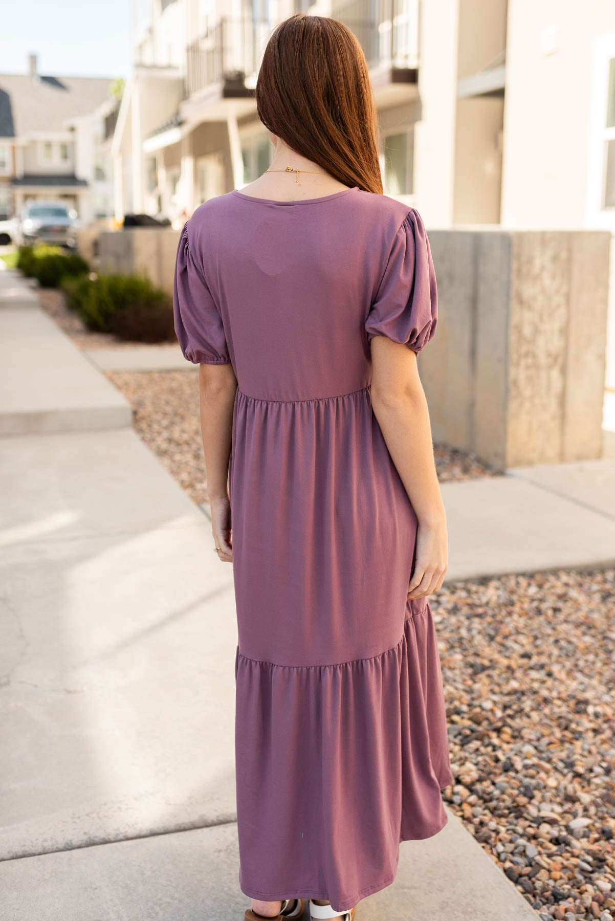 Back view of the lavender tiered dress