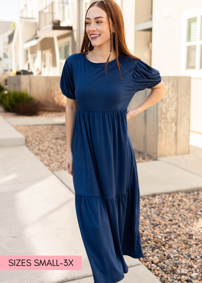 Navy tiered dress with short sleeves