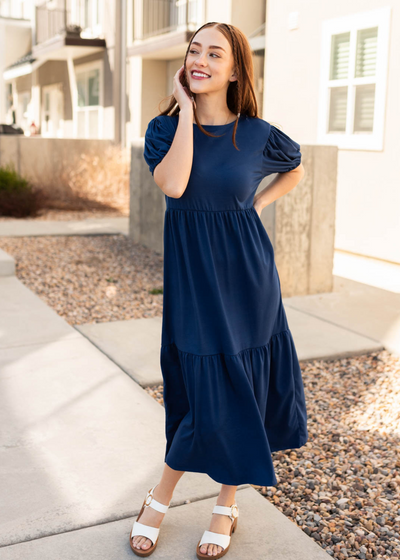 Short sleeve navy tiered dress