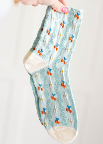 Blue cherry socks with white daisies 