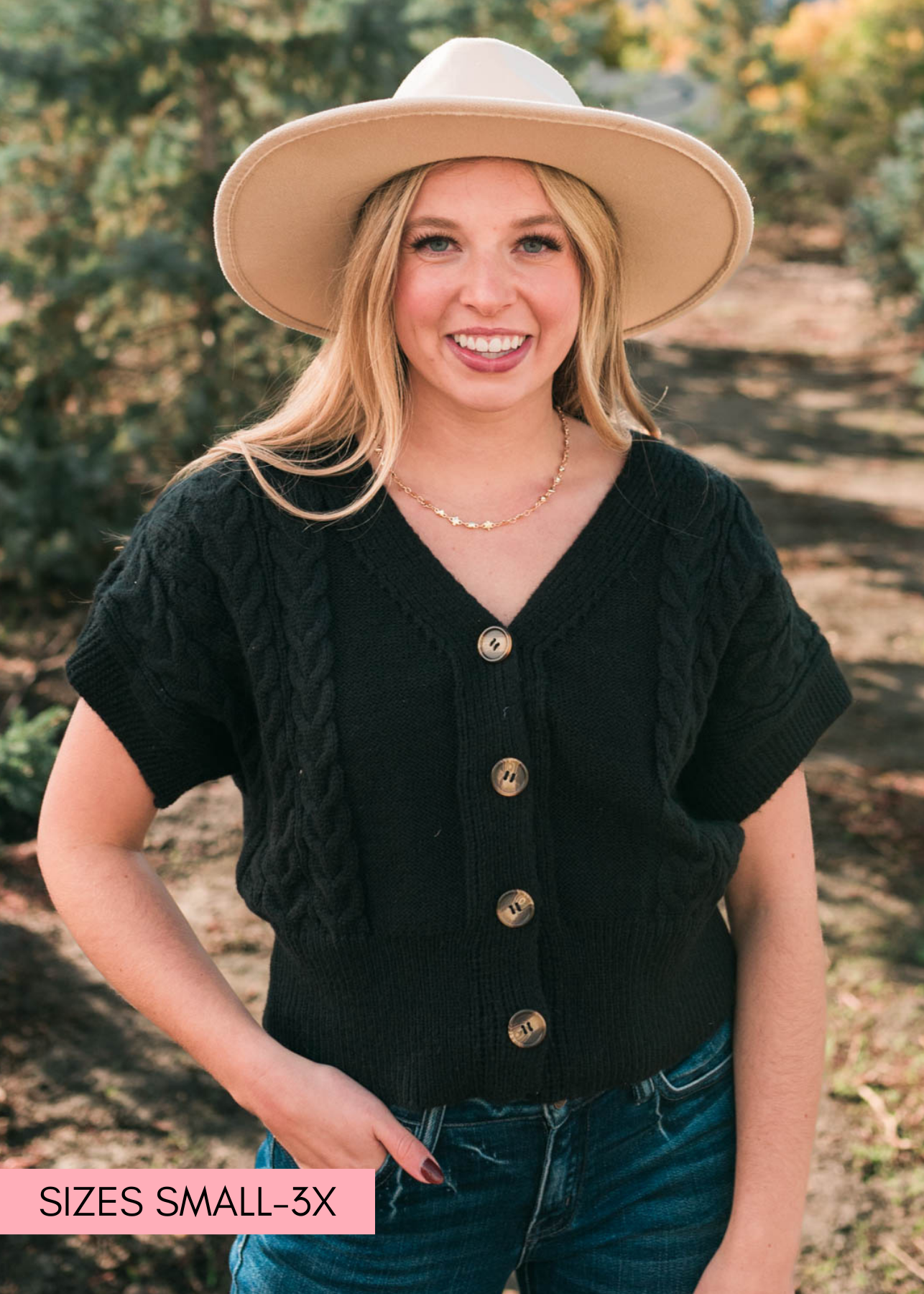 Short sleeve black knit cardigan that buttons up