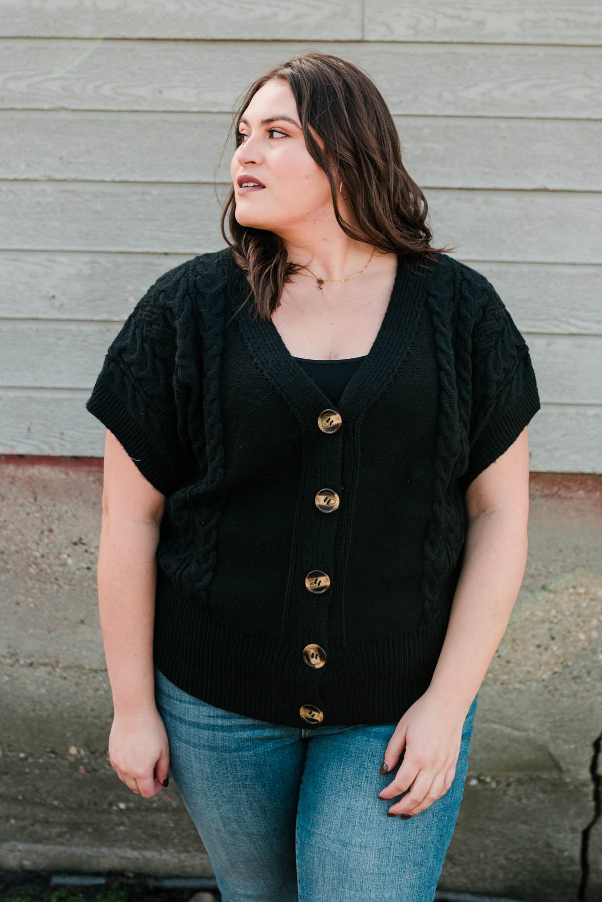 Short sleeves plus size black knit cardigan with buttons