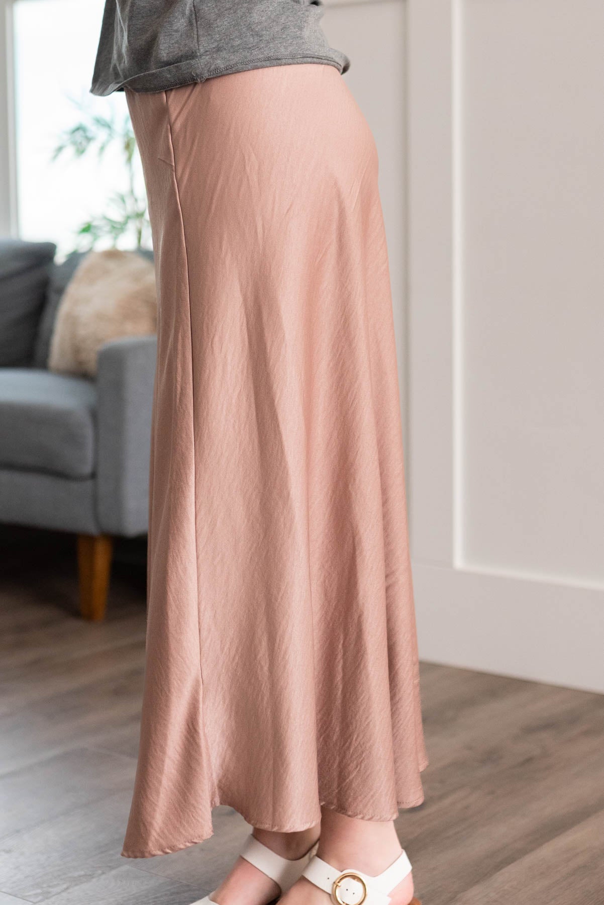 Side view of a taupe skirt