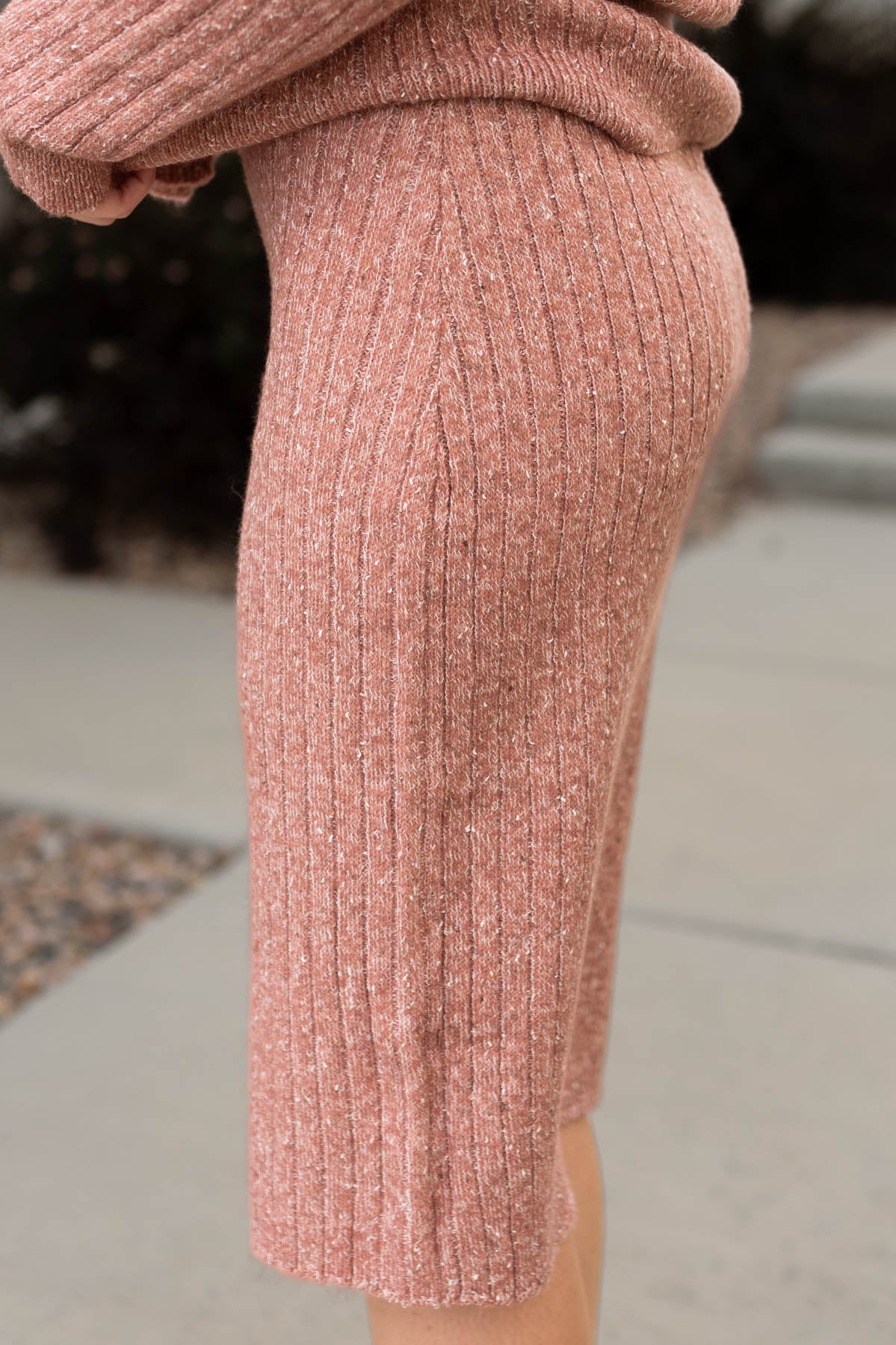 Side view of a blush skirt