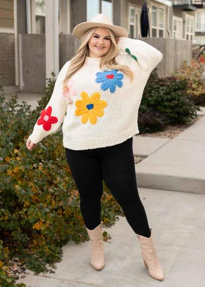 Plus size long sleeve cream flower sweater