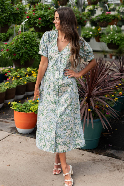V-neck blue floral button down dress