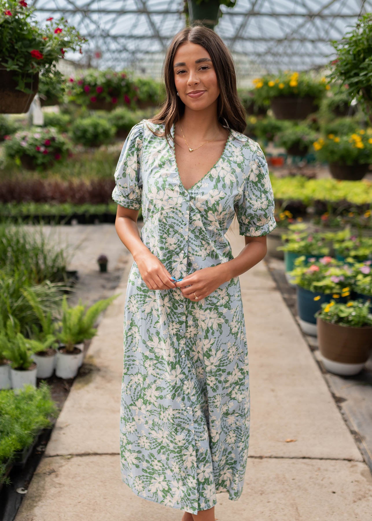 Blue floral button down dress with short sleeves