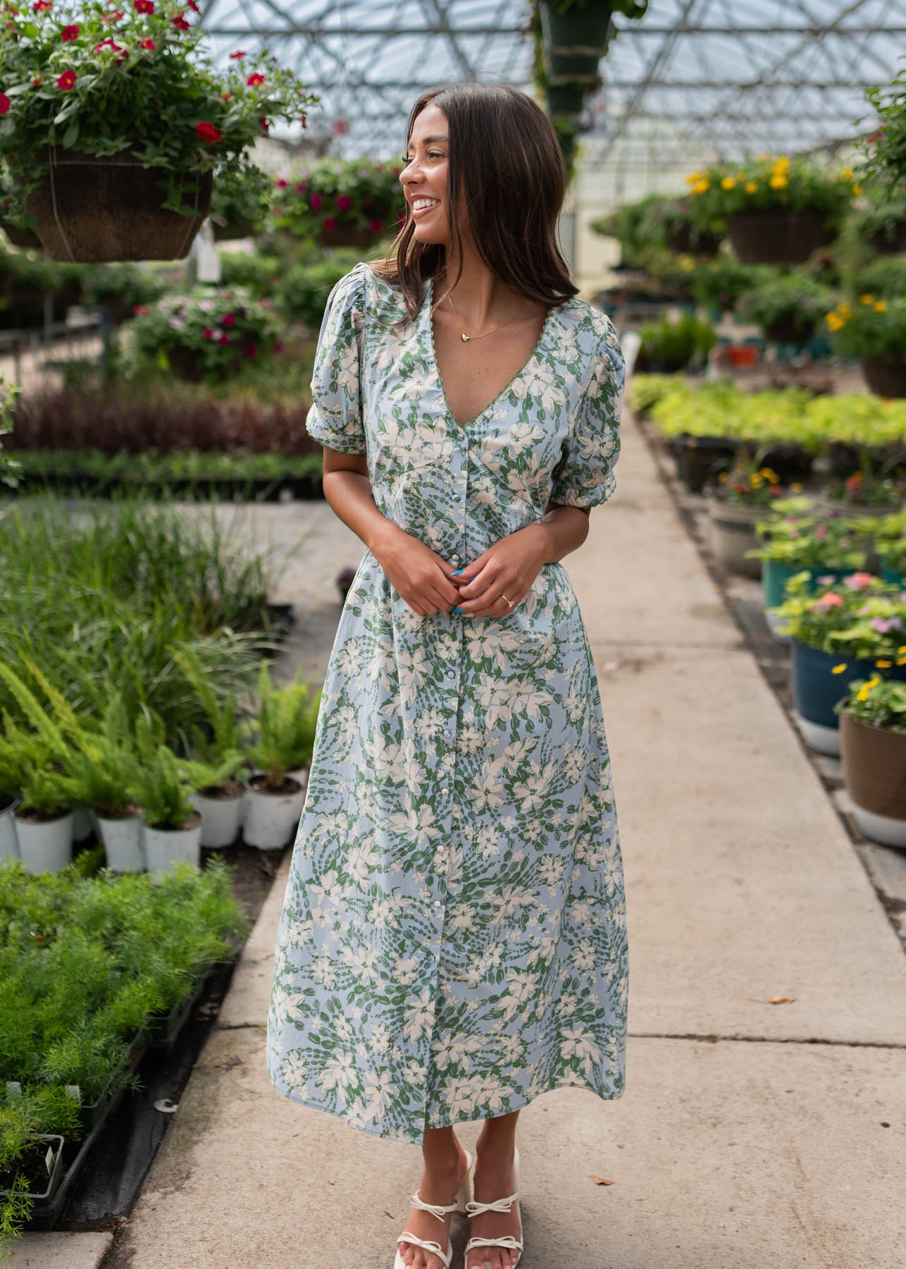Short sleeve blue floral button down dress