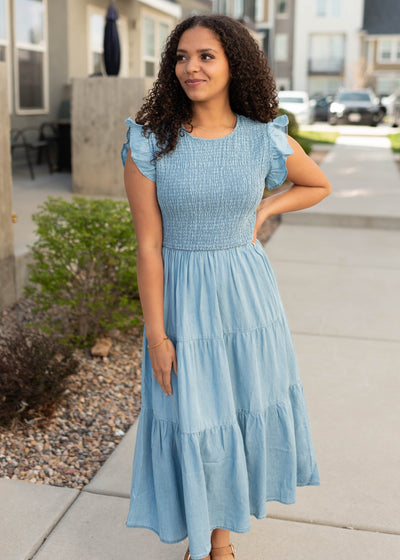 Ruffle sleeve chambray tiered dress