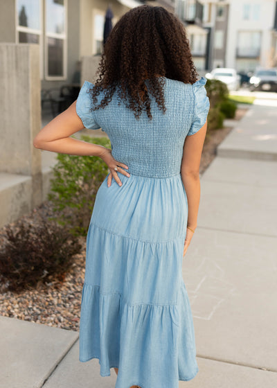 Back view of the chambray tiered dress