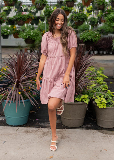 Dusty mauve embroidered dress with square neck