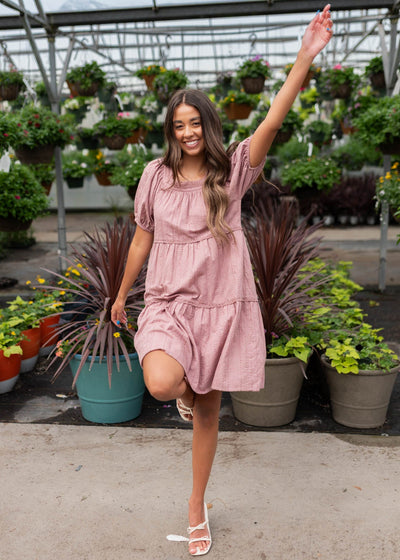 Short sleeve dusty mauve embroidered dress