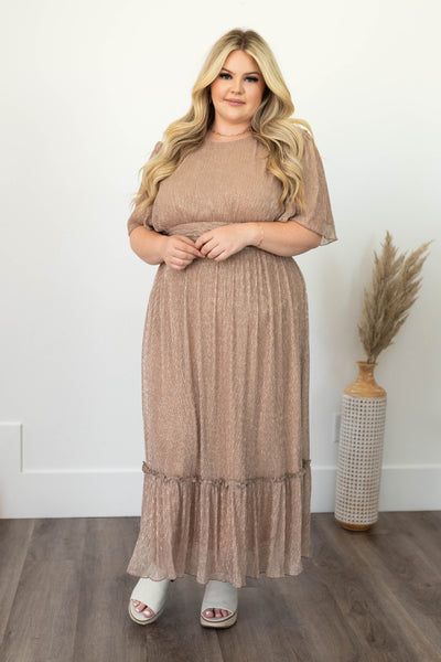 Short sleeve plus size champagne dress with tie a the waist