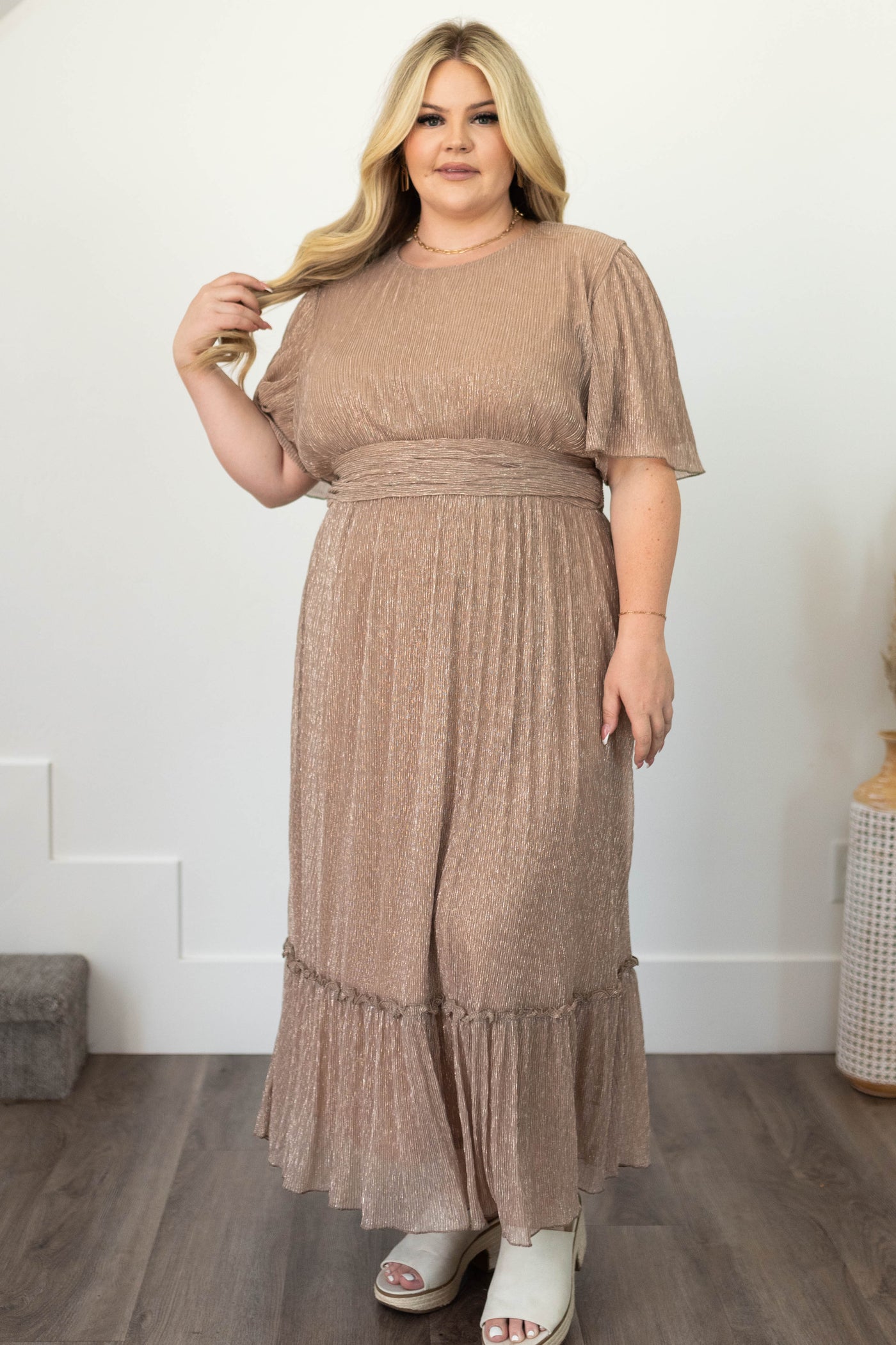 Short sleeve plus size champagne dress