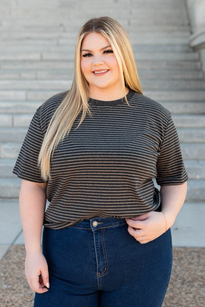 Plus size charcoal stripe top with short sleeves