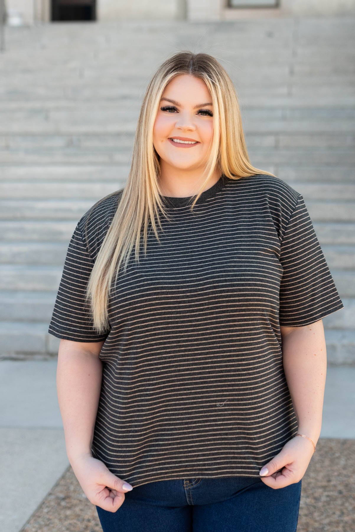 Short sleeve charcoal stripe top