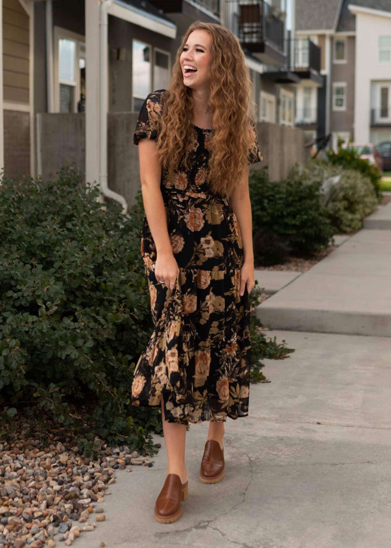 Short sleeve black floral dress with tiered skirt
