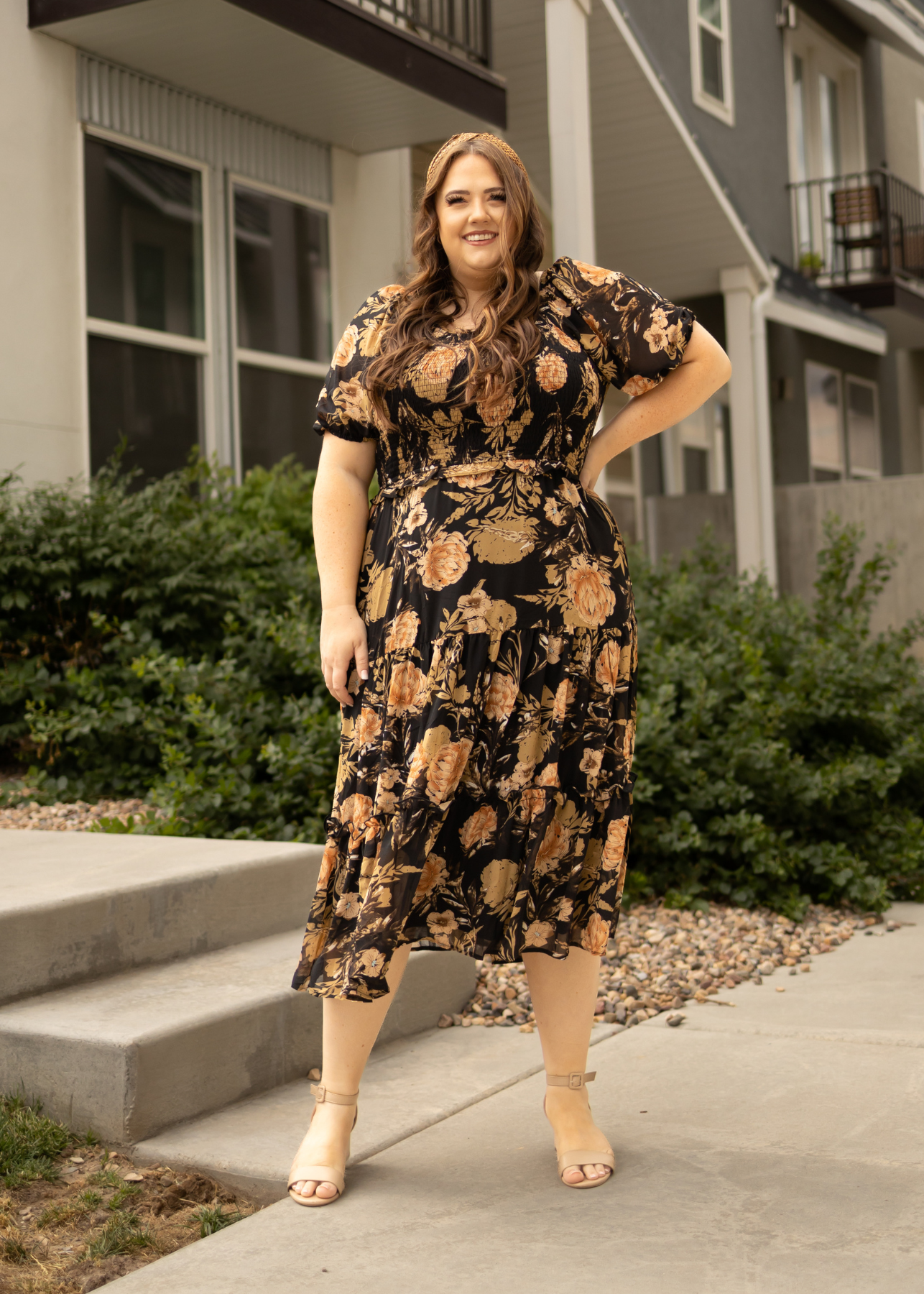 Plus size black floral dress with short sleeves