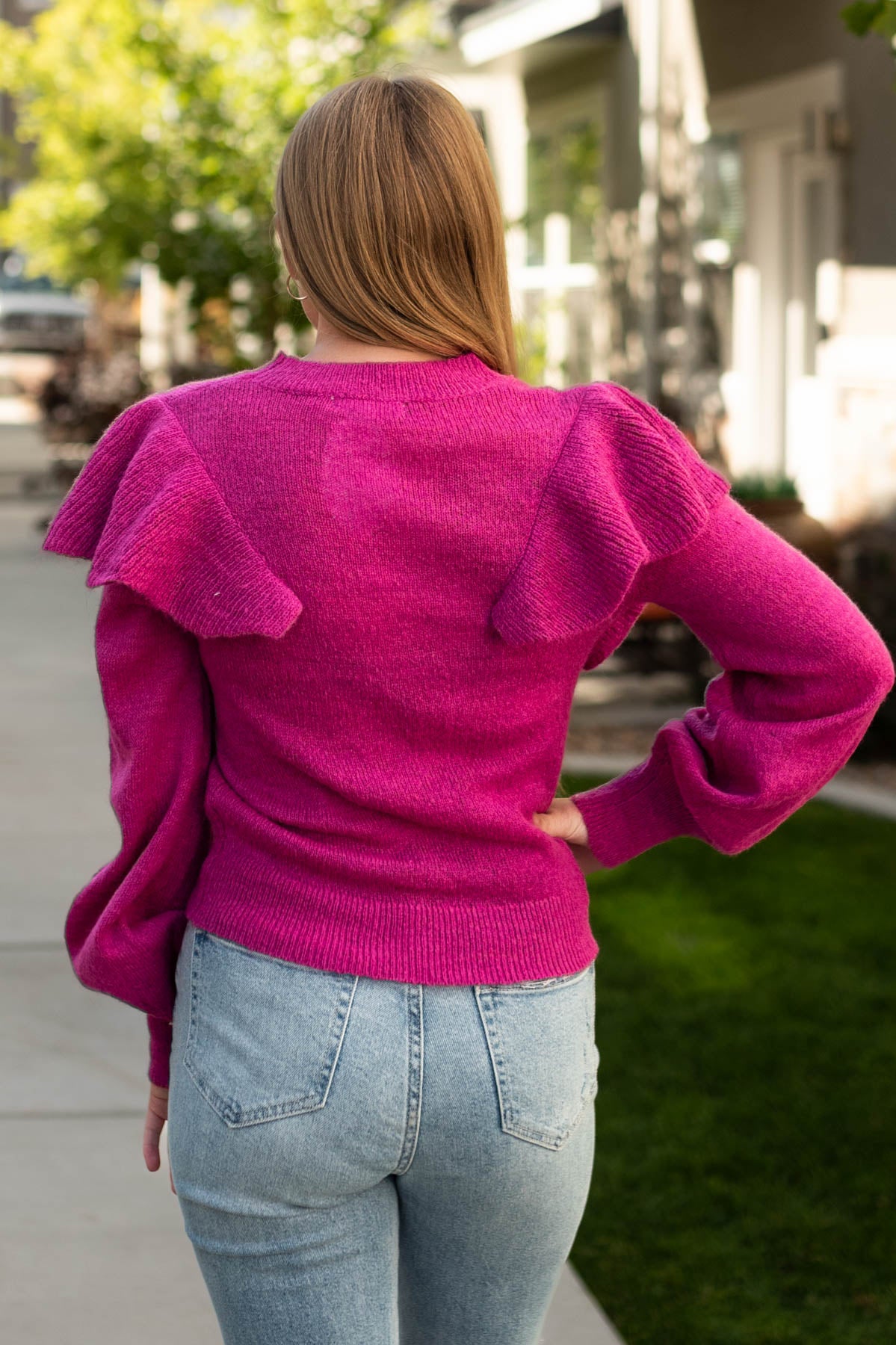 Back view of a magenta top