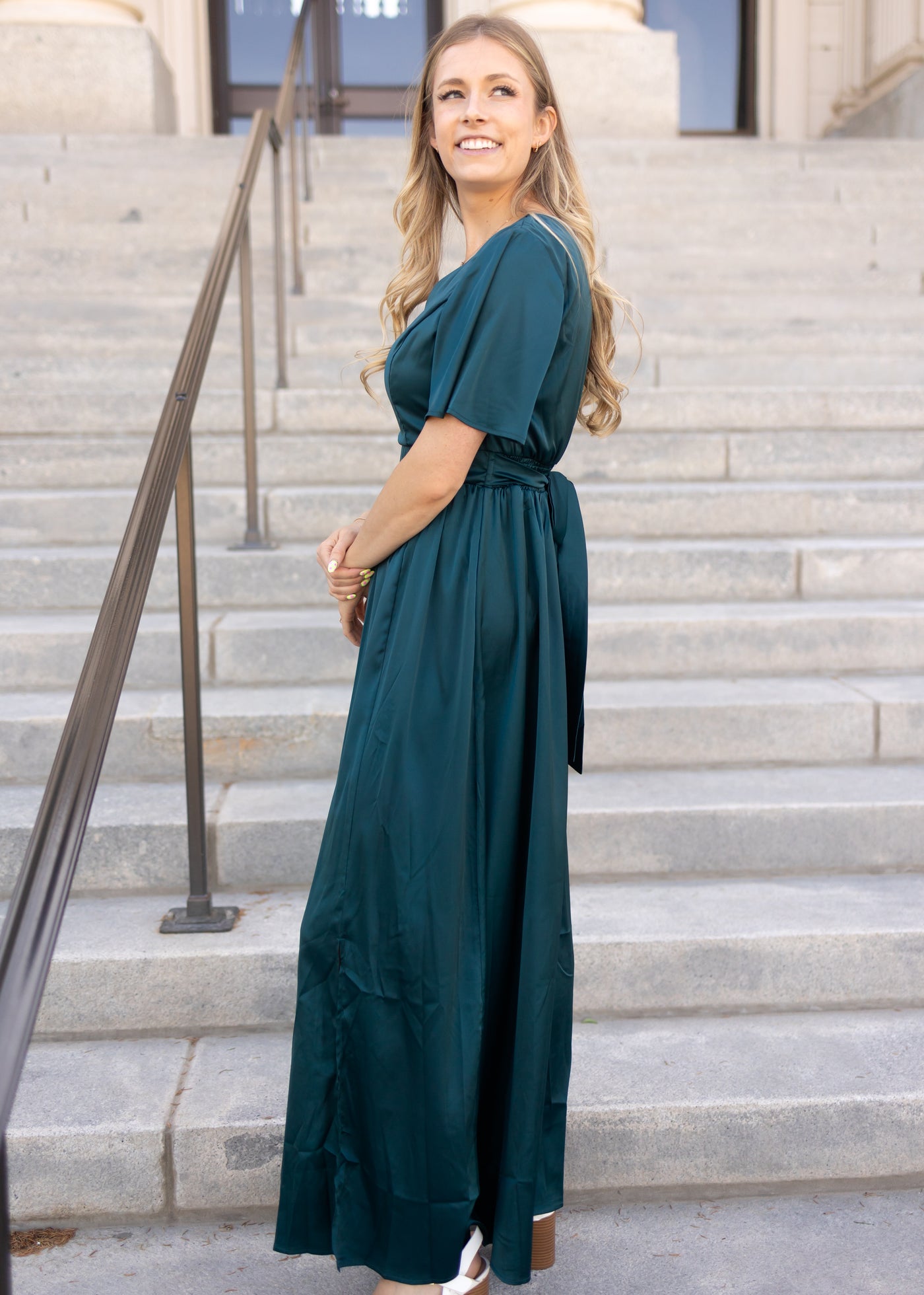 Side view of a teal dress