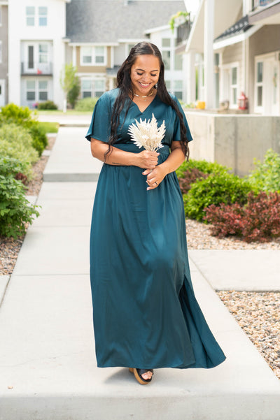 Short sleeve deep teal dress with slit on the side