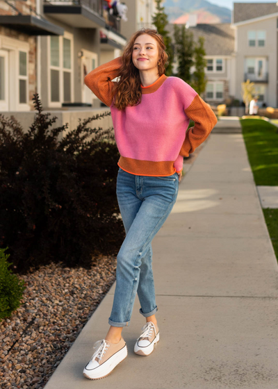 Long sleeve block pink sweater
