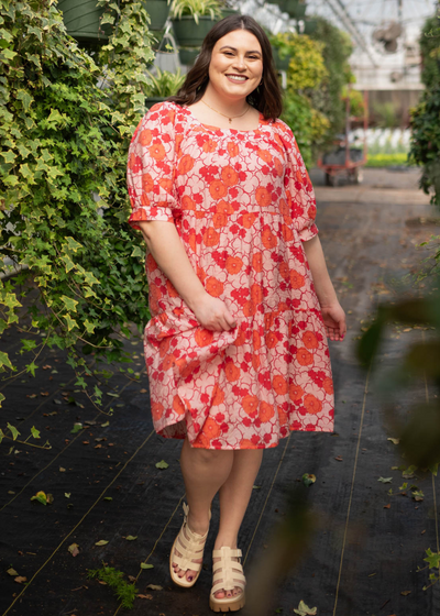 Plus size short sleeve pink floral dress