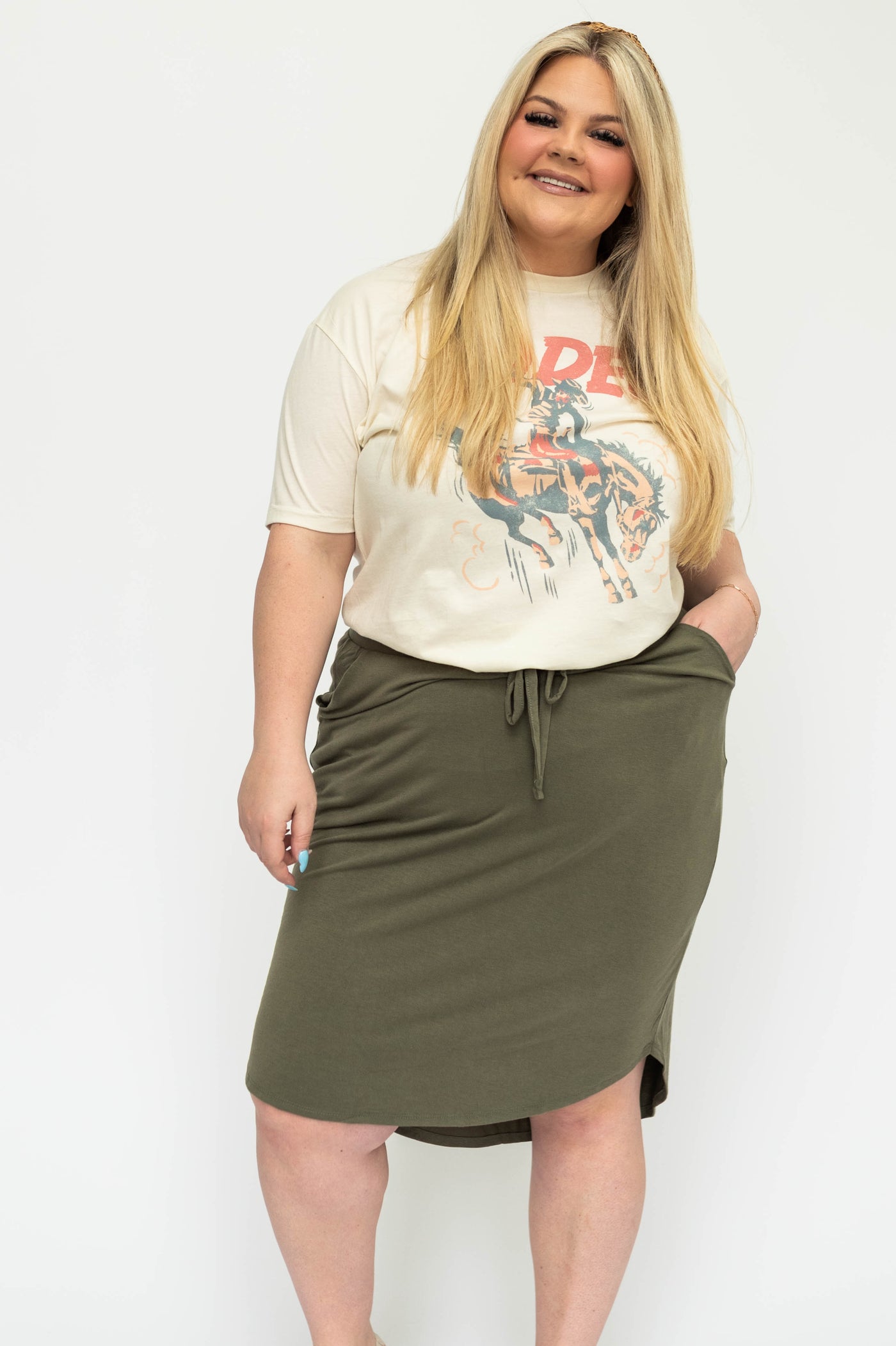 Front view of a olive drawstring skirt
