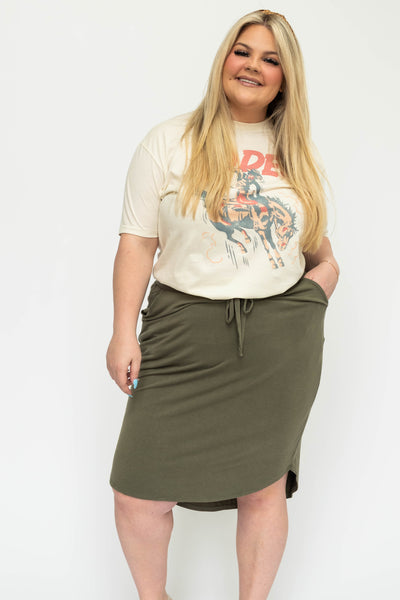 Front view of a olive drawstring skirt