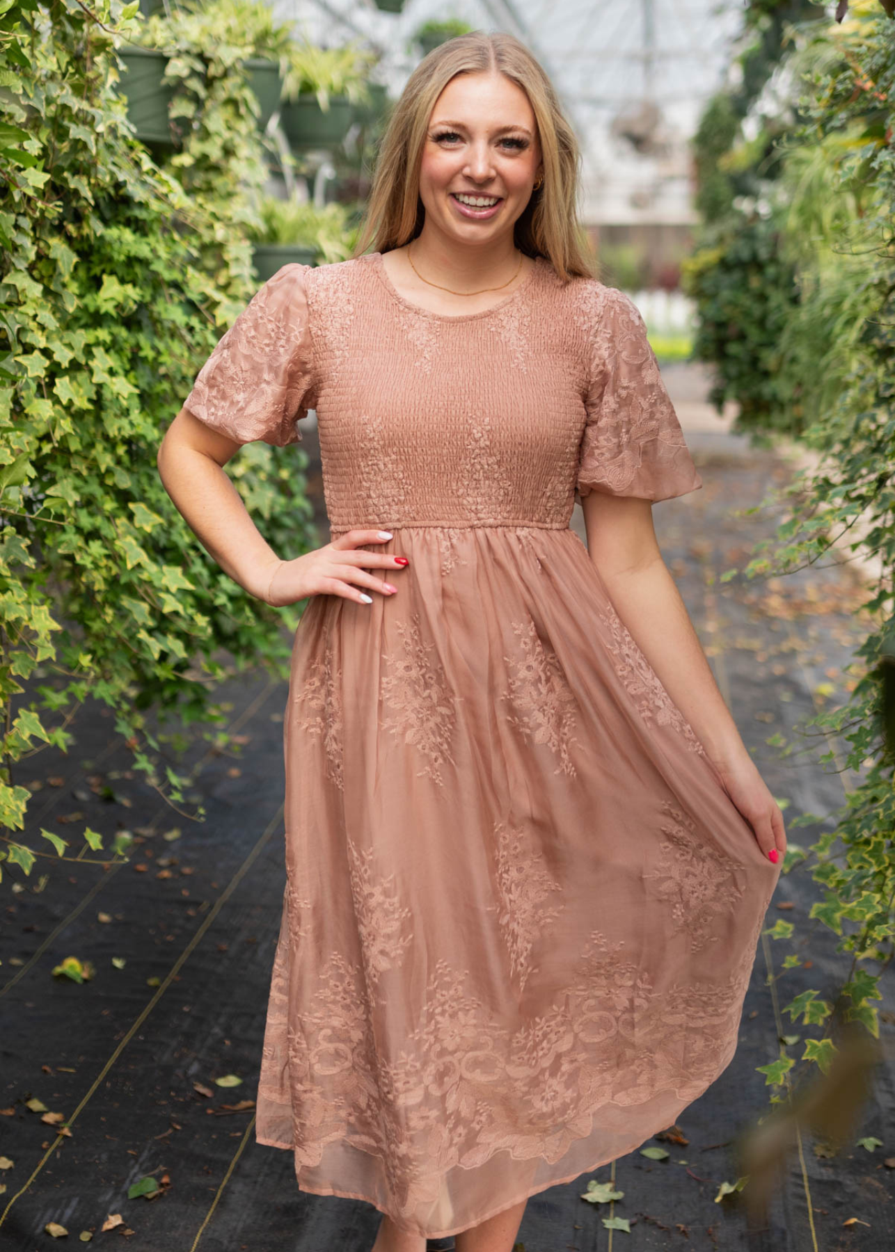 Dusty pink embroidered dress with smocked bodice