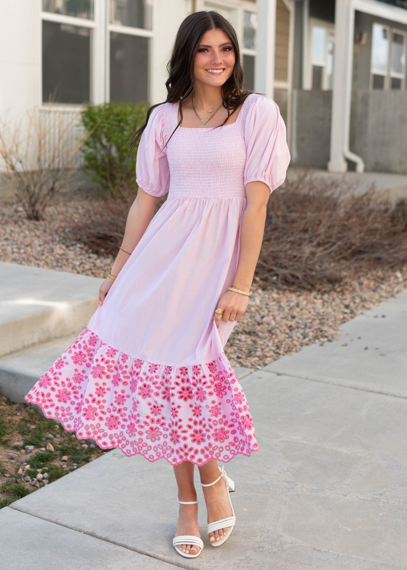 PInk stripe eyelet dress with eyelet hem