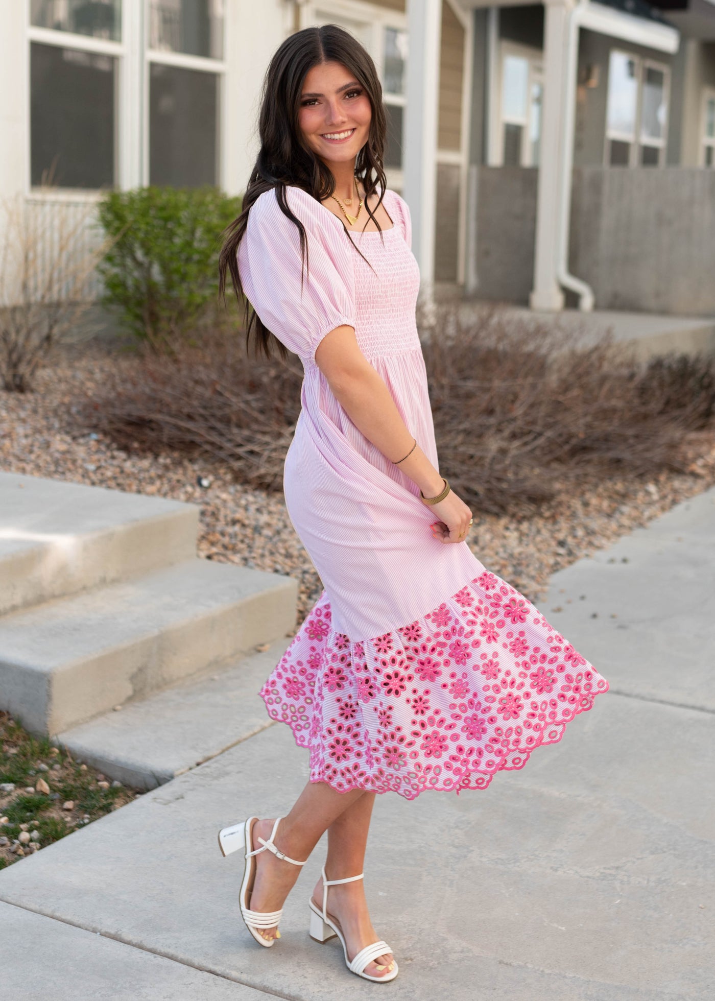 Pink stripe eyelet dress with short sleeves