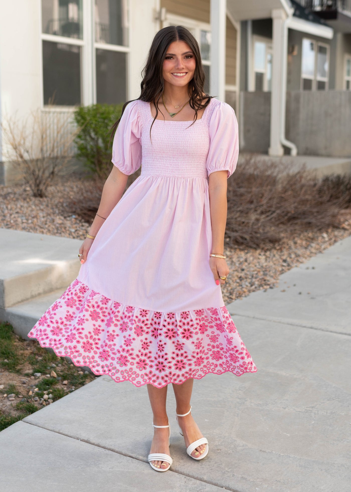 Short sleeve pink stripe eyelet dress