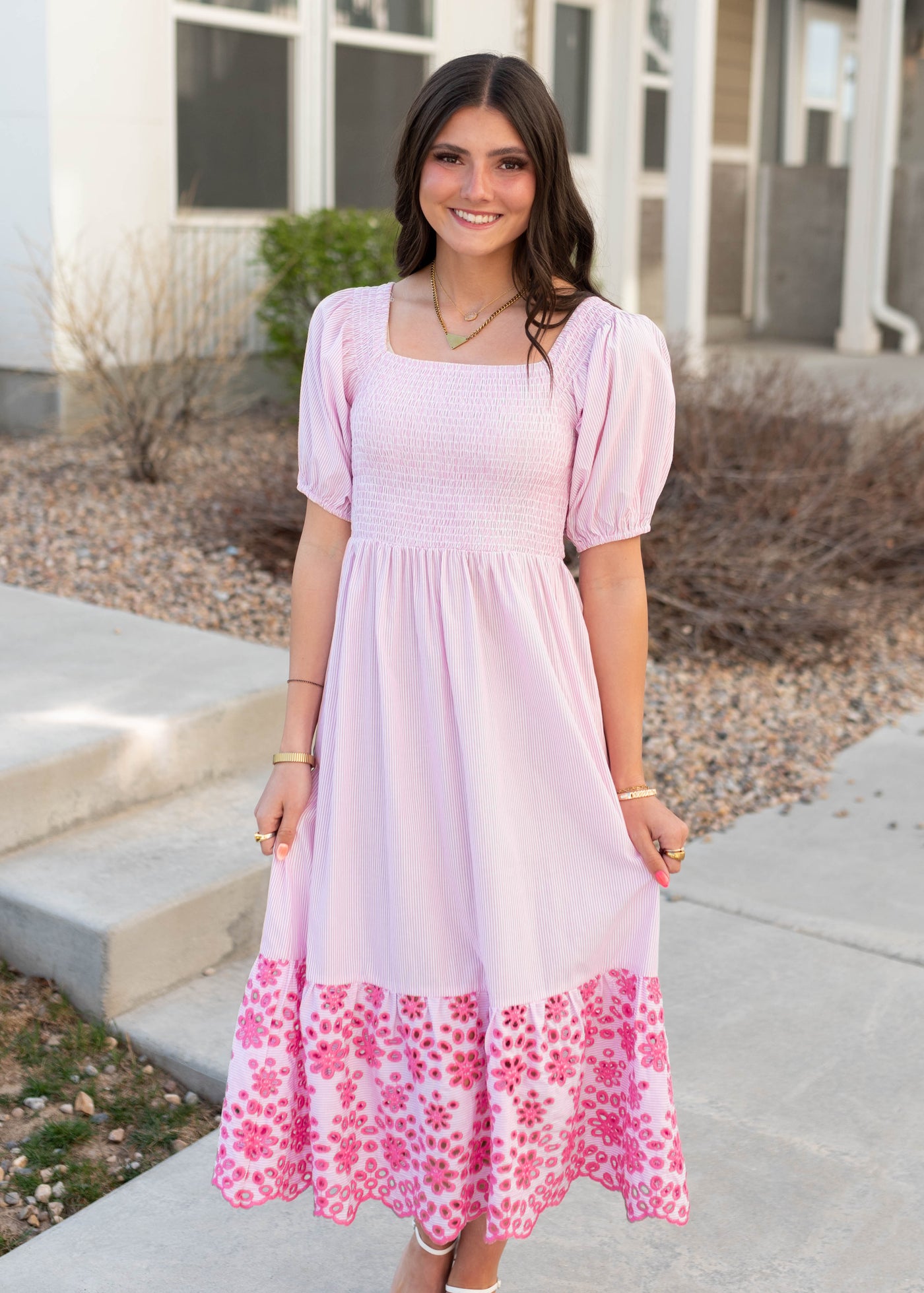 Square neck pink stripe eyelet dress