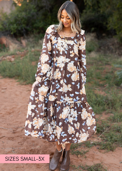 Brown floral skirt with a wide ruffle at the hem