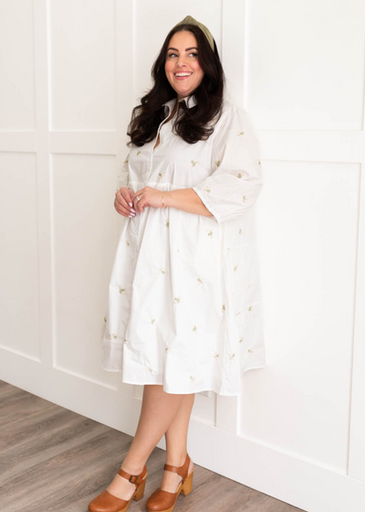 Amaya Ivory Embroidered Button Down Dress