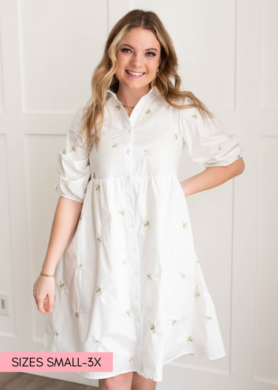 Ivory embroidered button down dress