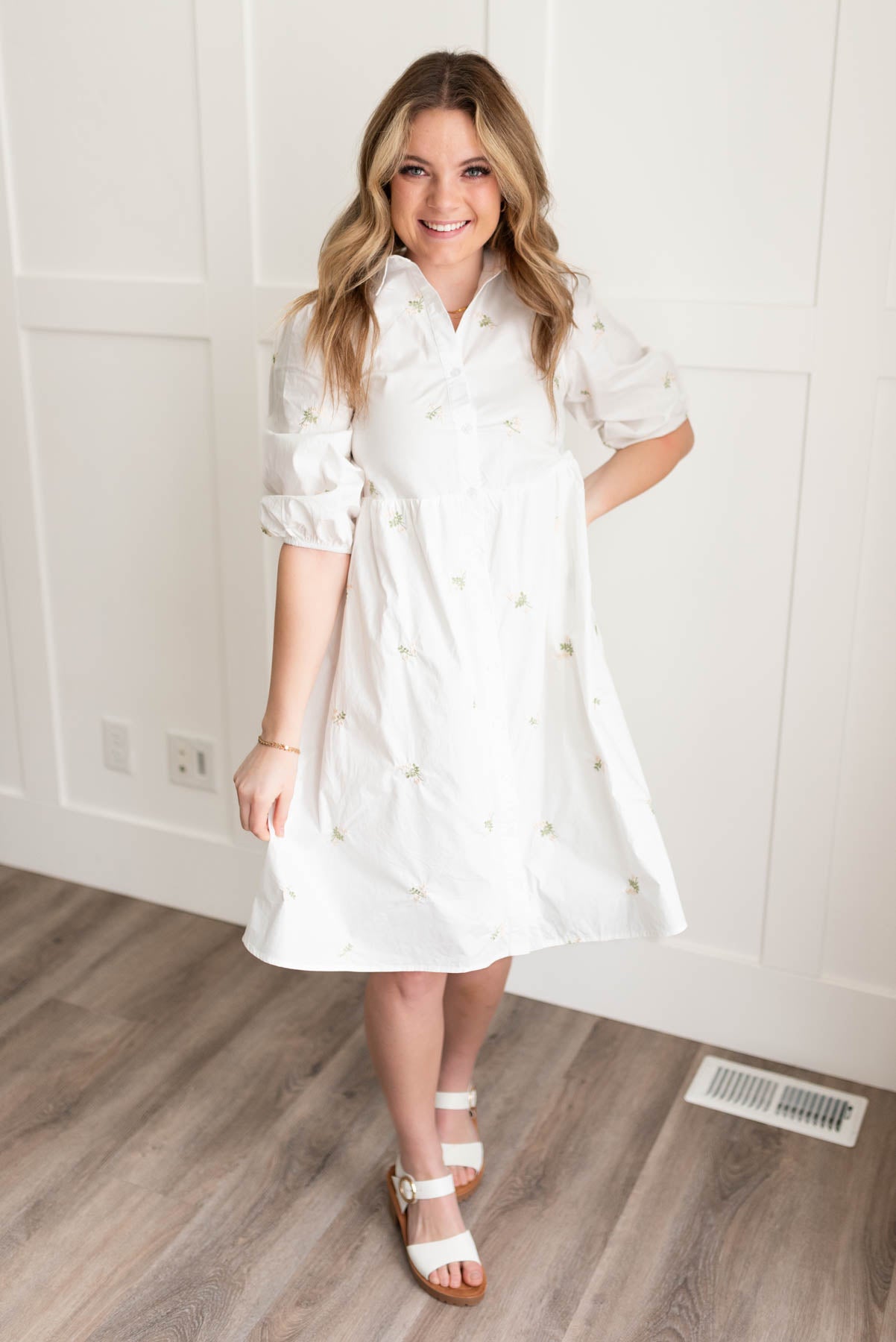 Ivory embroidered button down dress with elbow length sleeves
