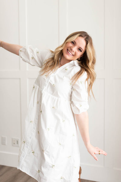 Ivory embroidered button down dress with collar