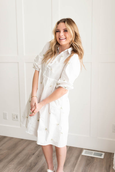Ivory embroidered button down dress