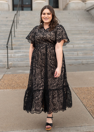 Plus size short sleeve lace black dress with nude lining