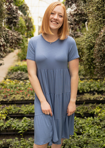 Short sleeve medium denim blue knit dress
